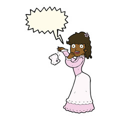 cartoon victorian woman dropping handkerchief with speech bubble