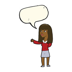 cartoon woman gesturing to show something with speech bubble