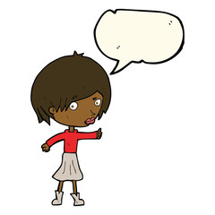 cartoon woman raising eyebrow with speech bubble