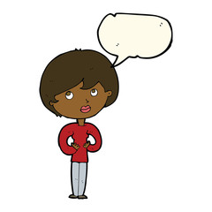 cartoon woman making Who Me? gesture with speech bubble