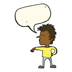 cartoon man making camp gesture with speech bubble