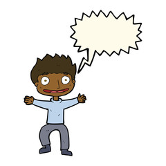 cartoon grinning boy with speech bubble