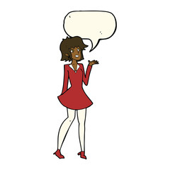 cartoon pretty woman in dress with speech bubble