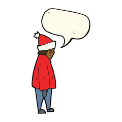 cartoon person in winter clothes with speech bubble