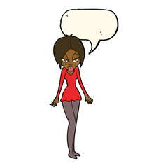 cartoon woman in short dress with speech bubble