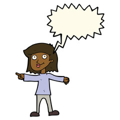 cartoon happy woman pointing with speech bubble