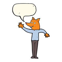 cartoon waving fox man with speech bubble