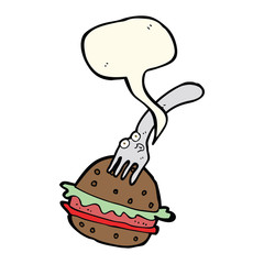 cartoon fork and burger with speech bubble