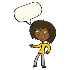 cartoon woman laughing and pointing with speech bubble