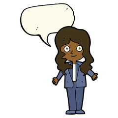 cartoon friendly business woman with speech bubble