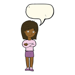 cartoon friendly girl rolling eyes with speech bubble