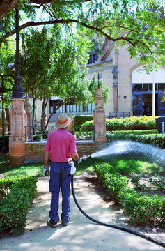 Jardinero regando, Parque de Mar&iacute;a Luisa, jardines de Sevilla, Andaluc&iacute;a, Espa&ntilde;a