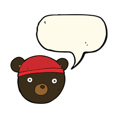 cartoon black bear cub wearing hat with speech bubble