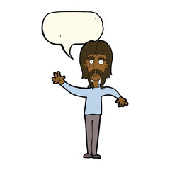 cartoon waving man with mustache with speech bubble