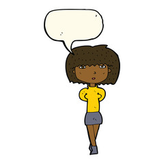 cartoon shy woman with speech bubble