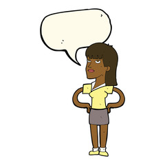 cartoon woman with hands on hips with speech bubble