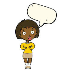 cartoon woman making Who Me? gesture with speech bubble