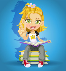 Schoolgirl read on a pile of books and makes the sign of peace