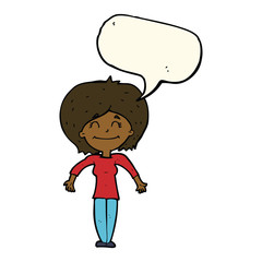 cartoon woman shrugging shoulders with speech bubble