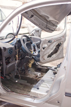Crashed silver car inside view