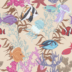 Sea life seamless background, underwater vector illustration