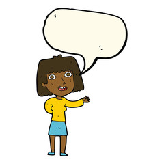 cartoon friendly woman waving with speech bubble