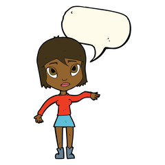 cartoon woman waving hand with speech bubble