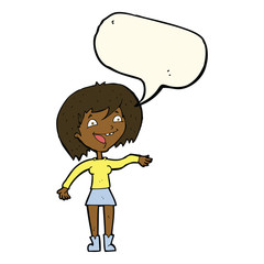 cartoon waving woman with speech bubble