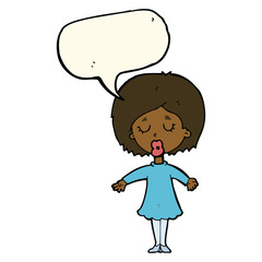 cartoon woman in dress with speech bubble