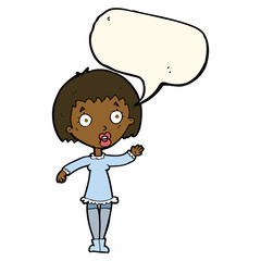 cartoon waving woman with speech bubble