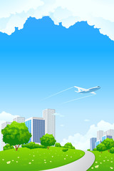 Green landscape with city