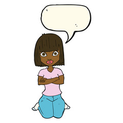 cartoon woman kneeling with speech bubble