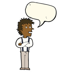 cartoon boy with folded arms with speech bubble