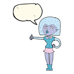 cartoon vampire girl giving thumbs up with speech bubble