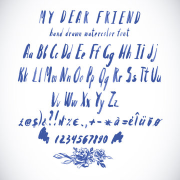 Blue Vector Watercolor Alphabet, Hand Drawn Font