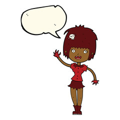 cartoon waving vampire girl with speech bubble
