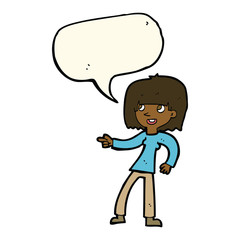 cartoon girl pointing with speech bubble