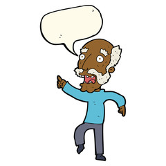 cartoon frightened old man with speech bubble