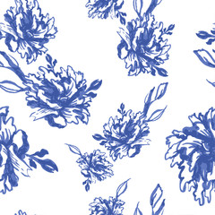 Seamless monochrome watercolor background with blue peonies
