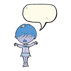 cartoon waving vampire girl with speech bubble