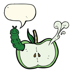 cartoon apple with bug with speech bubble