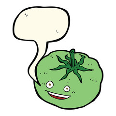 cartoon green tomato with speech bubble
