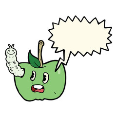 cartoon apple with bug with speech bubble