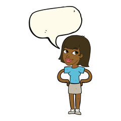 cartoon happy woman with hands on hips with speech bubble