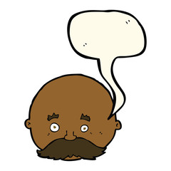 cartoon bald man with mustache with speech bubble