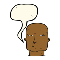 cartoon bald tough guy with speech bubble