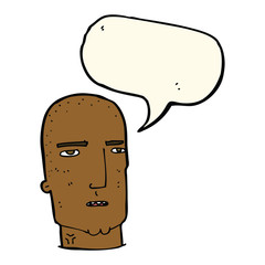 cartoon bald tough guy with speech bubble