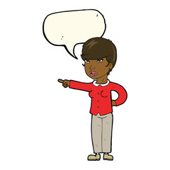 cartoon woman pointing finger of blame with speech bubble