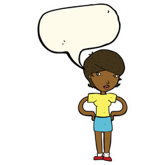 cartoon woman with hands on hips with speech bubble