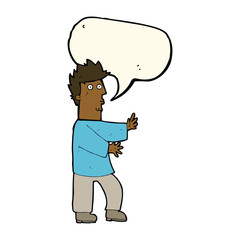 cartoon nervous man waving with speech bubble